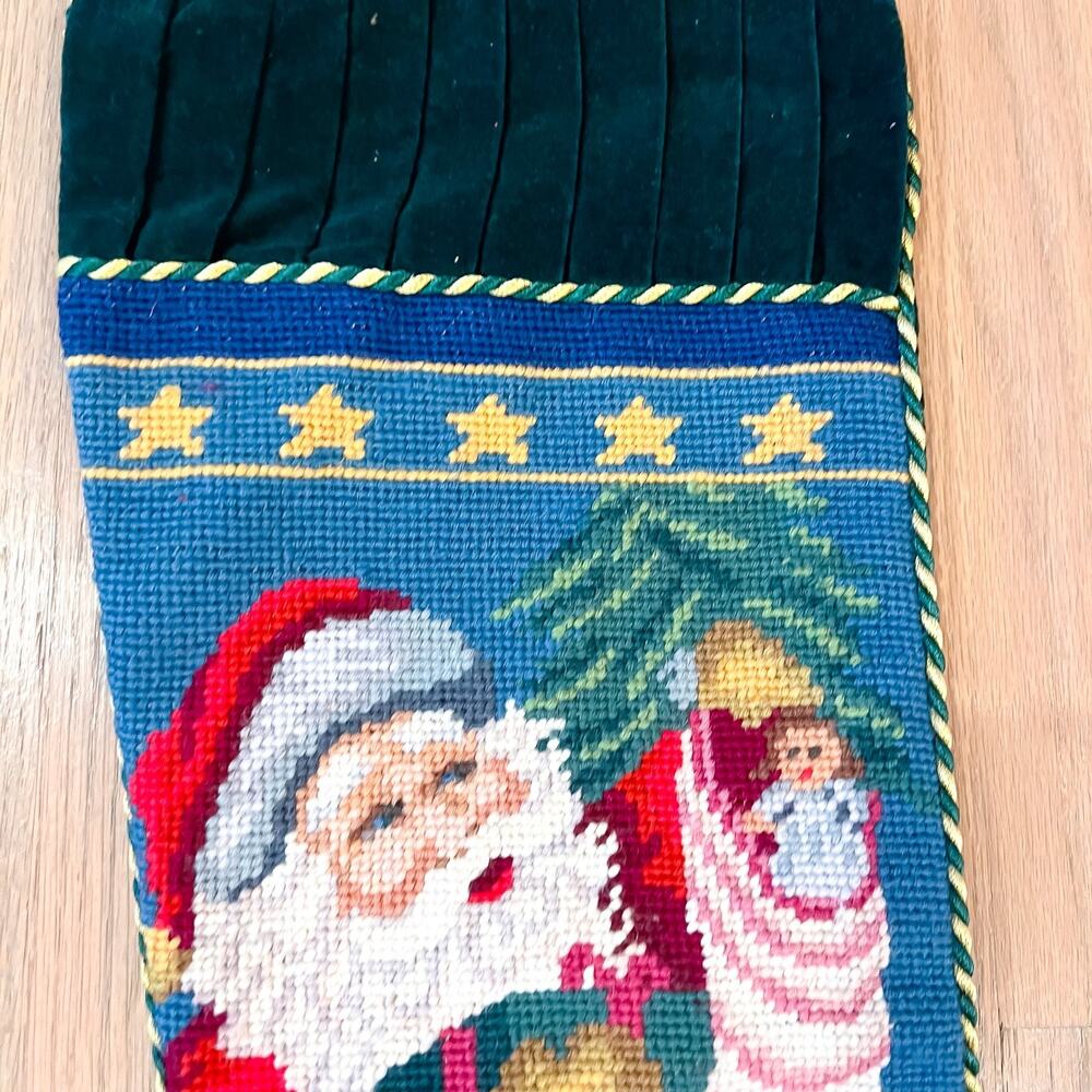 Vintage Lined Christmas Stocking Needlepoint Santa Presents Tree Velvet - Picture 3 of 8